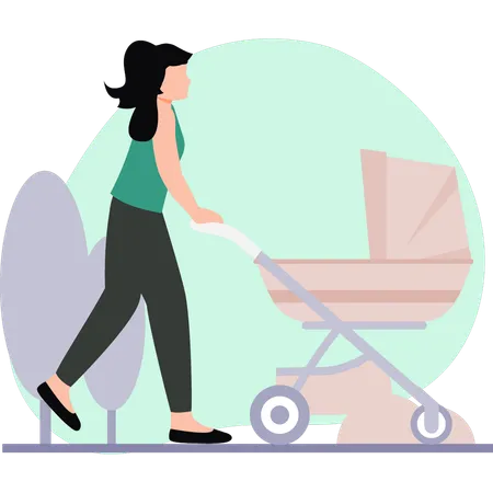 A Girl Has A Baby Stroller Illustration