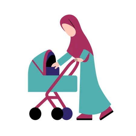 Hijab Mother With Baby Stroller Illustration