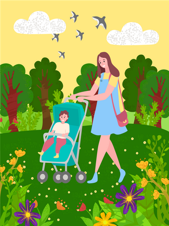 Mother With Baby Stroller  Illustration