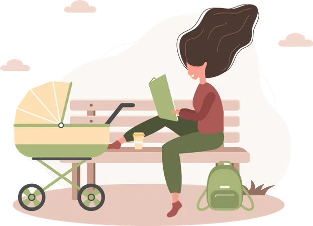 Mother With Pram Woman With A Stroller Sitting On The Bench In Park And Read Vector Illustrations In Flat Style 일러스트레이션
