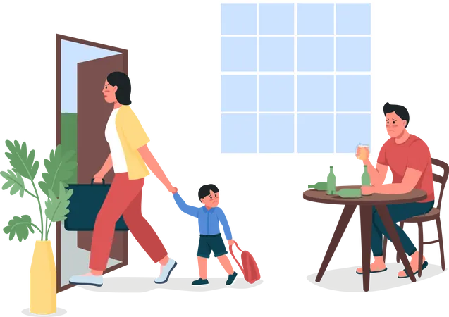 Mother with child leave alcoholic father Illustration