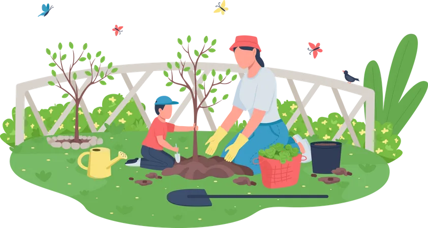 Mother with child planting tree  Illustration