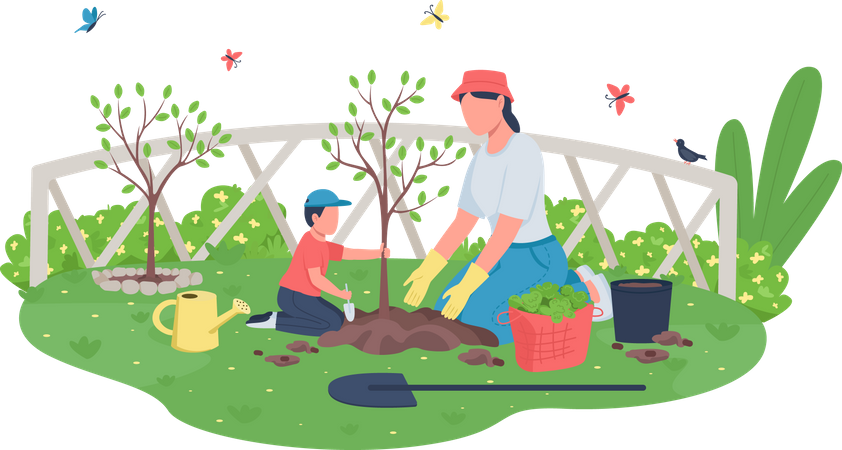 Mother with child planting tree  Illustration