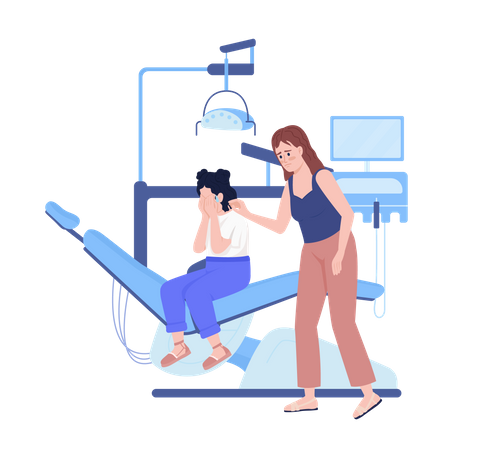 Mother with crying daughter in dentist office Illustration