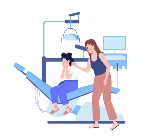 Mother with crying daughter in dentist office  Illustration