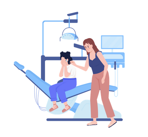 Mother with crying daughter in dentist office  Illustration