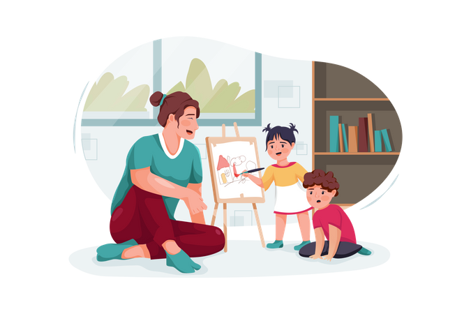 Mother with cute little children playing and drawing at home  Illustration