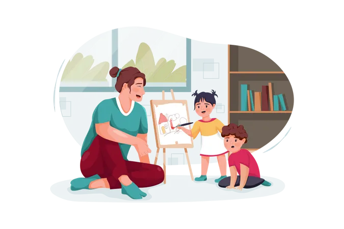 Mother with cute little children playing and drawing at home  Illustration