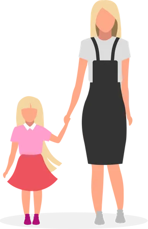 Mother With Daughter Flat Vector Illustration Family Lookbook Concept Blonde Younger And Older Sisters Cartoon Character Female Parent With Preschool Preteen Child Kid On White Background Illustration