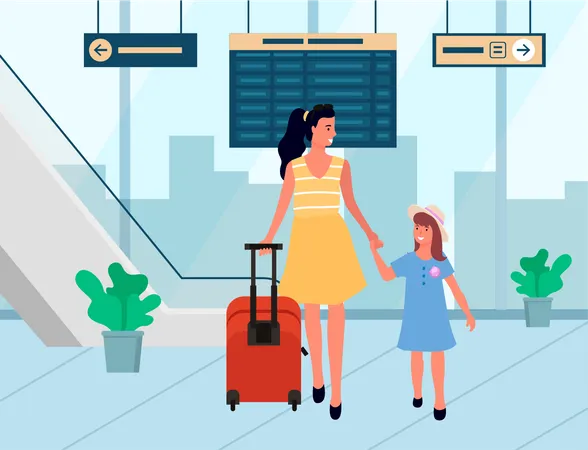 Mother with daughter at airport  Illustration