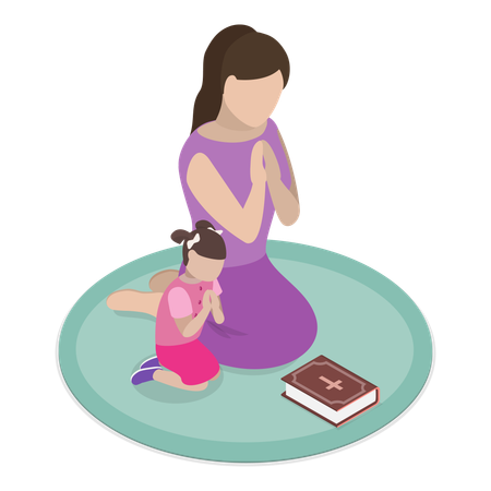 Mother with daughter doing christian prayer  Illustration