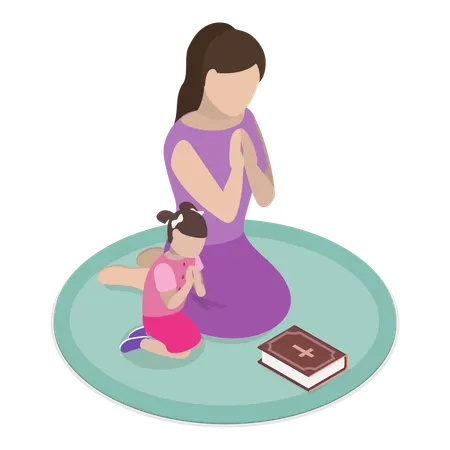 Mother with daughter doing christian prayer  Illustration