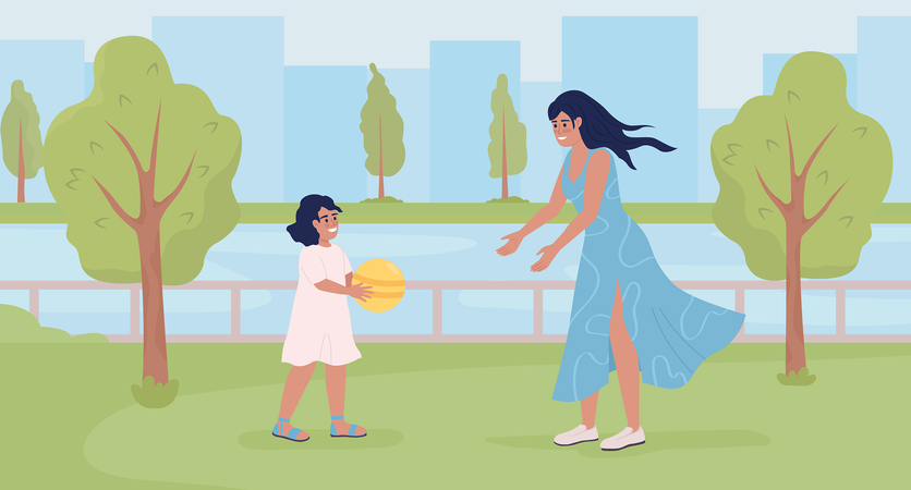 Mother with daughter enjoying time on waterfront Illustration