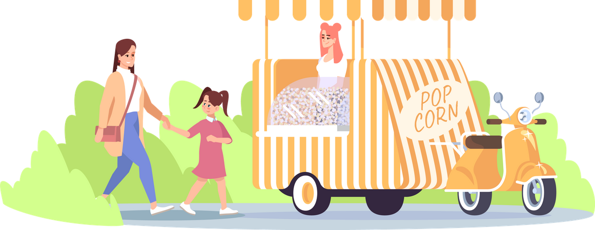 Mother with daughter going to buying pop corn Illustration