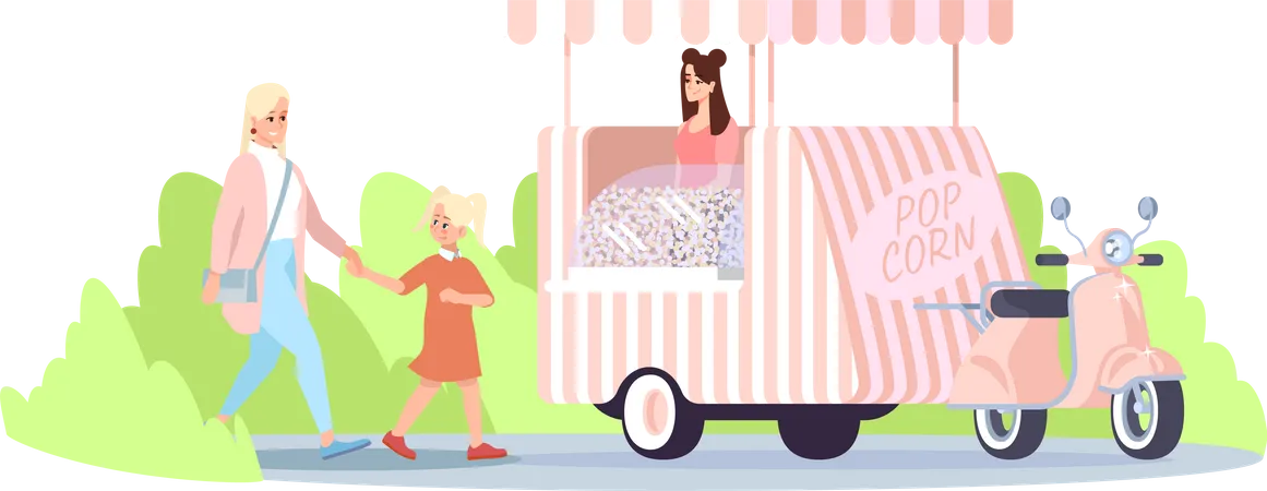 Mother with daughter going to buying popcorn Illustration
