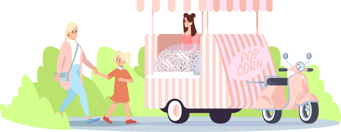 Mother with daughter going to buying popcorn  Illustration