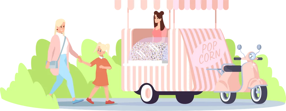 Mother with daughter going to buying popcorn  Illustration