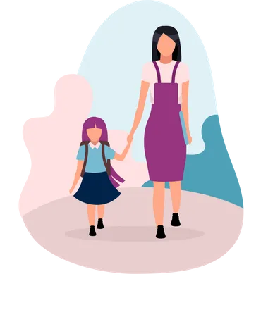 Mother with daughter going to school Illustration