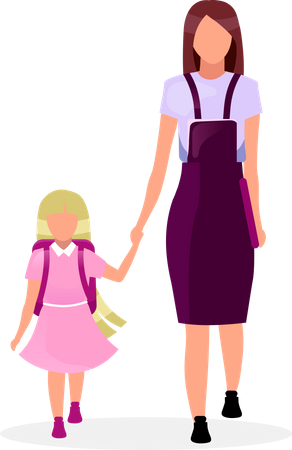 Mother with daughter going to school  Illustration