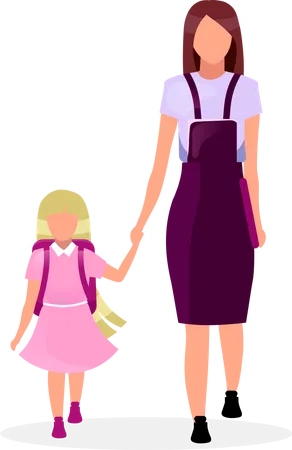 Mother with daughter going to school  Illustration