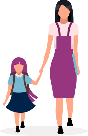 Mother with daughter going to school  Illustration