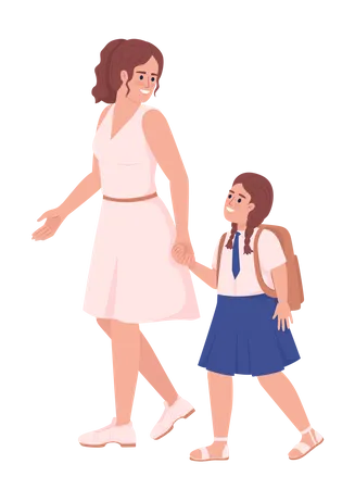 Mother With Daughter In School Uniform Semi Flat Color Vector Characters Editable Figures Full Body People On White Simple Cartoon Style Illustration For Web Graphic Design And Animation Illustration