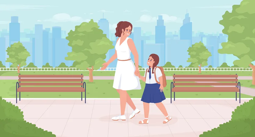 Morning Walking To School Flat Color Vector Illustration Family Bonding Mother With Daughter In School Uniform Fully Editable 2 D Simple Cartoon Characters With Park And Cityscape On Background Illustration