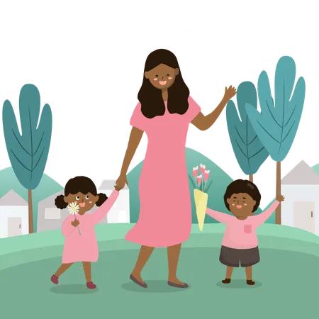 Mother with her children in park  Illustration