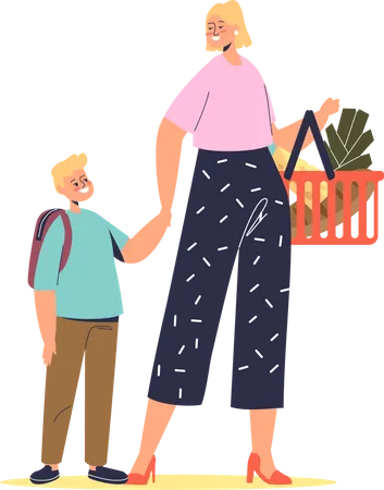 Mother with kid doing grocery shopping Illustration