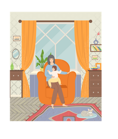 Mother with kid sitting on couch  Illustration