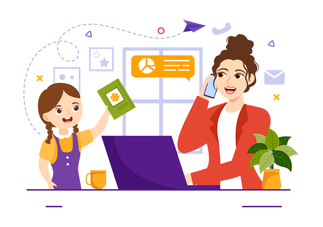 Mother with kid working on laptop  Illustration