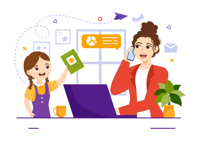 Mother with kid working on laptop  Illustration