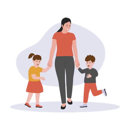 Cute Cartoon Illustration Set Of A Mom With Kids Happy Family Posing Together Holding Hands Flat Vector Illustration Isolated On White Background Illustration