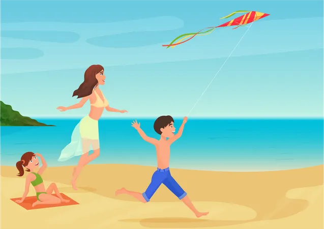 Mother with kids at beach  Illustration