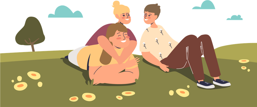 Mother with kids at park  Illustration