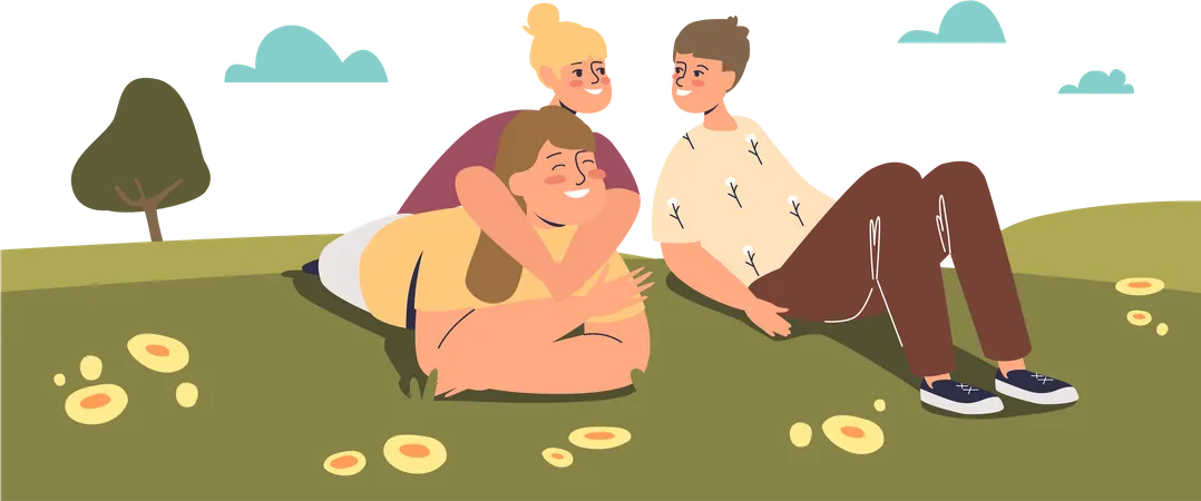 Mother with kids at park  Illustration