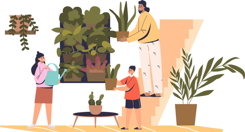 Mother with kids caring for home plants  Illustration