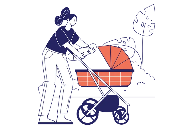 Family With Newborn Concept In Flat Line Design For Web Banner Mother Puts Her Baby In Stroller For Walking In Park Motherhood Modern People Scene Vector Illustration In Outline Graphic Style Illustration