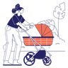 illustrations of mom walk with stroller