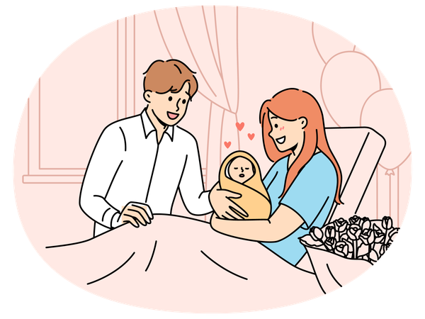 Mother with newborn baby sitting on couch in hospital and shows infant to happy father  Illustration