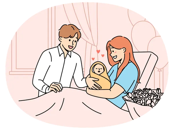 Mother with newborn baby sitting on couch in hospital and shows infant to happy father  Illustration