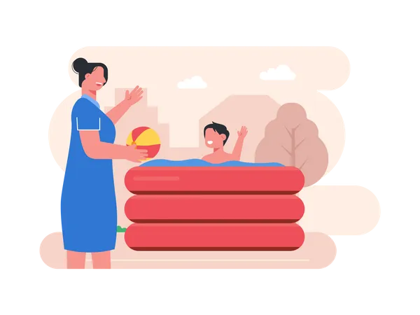Mother with son in swimtube  Illustration