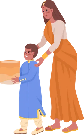 Mother With Son Launching Sky Lantern Semi Flat Color Vector Characters Editable Figures Full Body People On White Simple Cartoon Style Illustration For Web Graphic Design And Animation Illustration