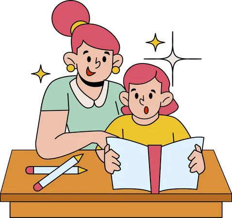 Mother with son sitting doing homework Illustration