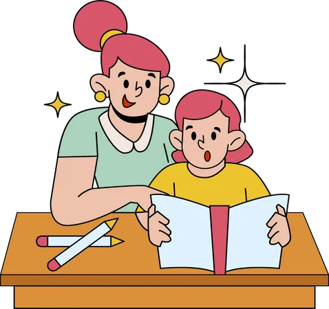 Mother with son sitting doing homework  Illustration