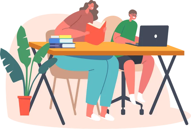 Mother with son sitting on desk and doing homework Illustration