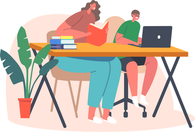 Mother with son sitting on desk and doing homework  Illustration