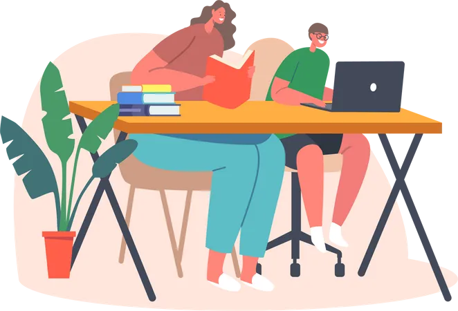 Mother with son sitting on desk and doing homework  Illustration