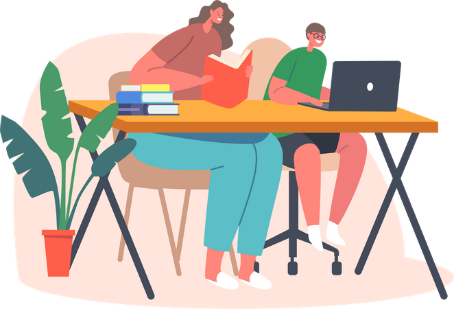 Mother with son sitting on desk and doing homework  일러스트레이션