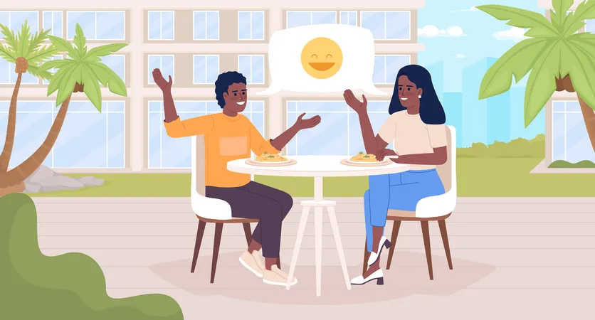 Mother with son talking and joking over meal  Illustration